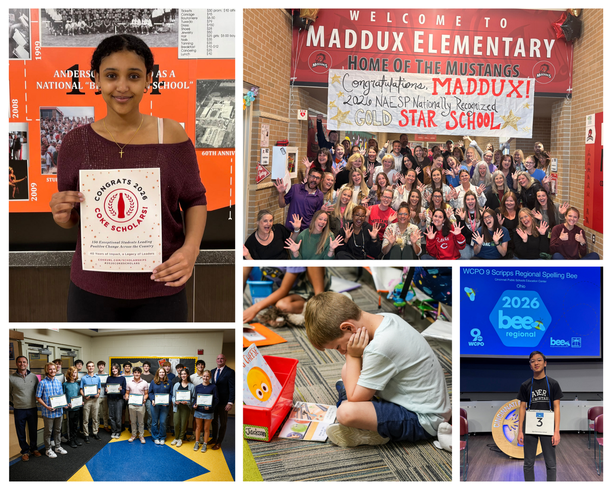 collage of five photos including students holding up certificates, Maddux staff taking a group photo, an ayer student at the regional spelling bee and a student reading